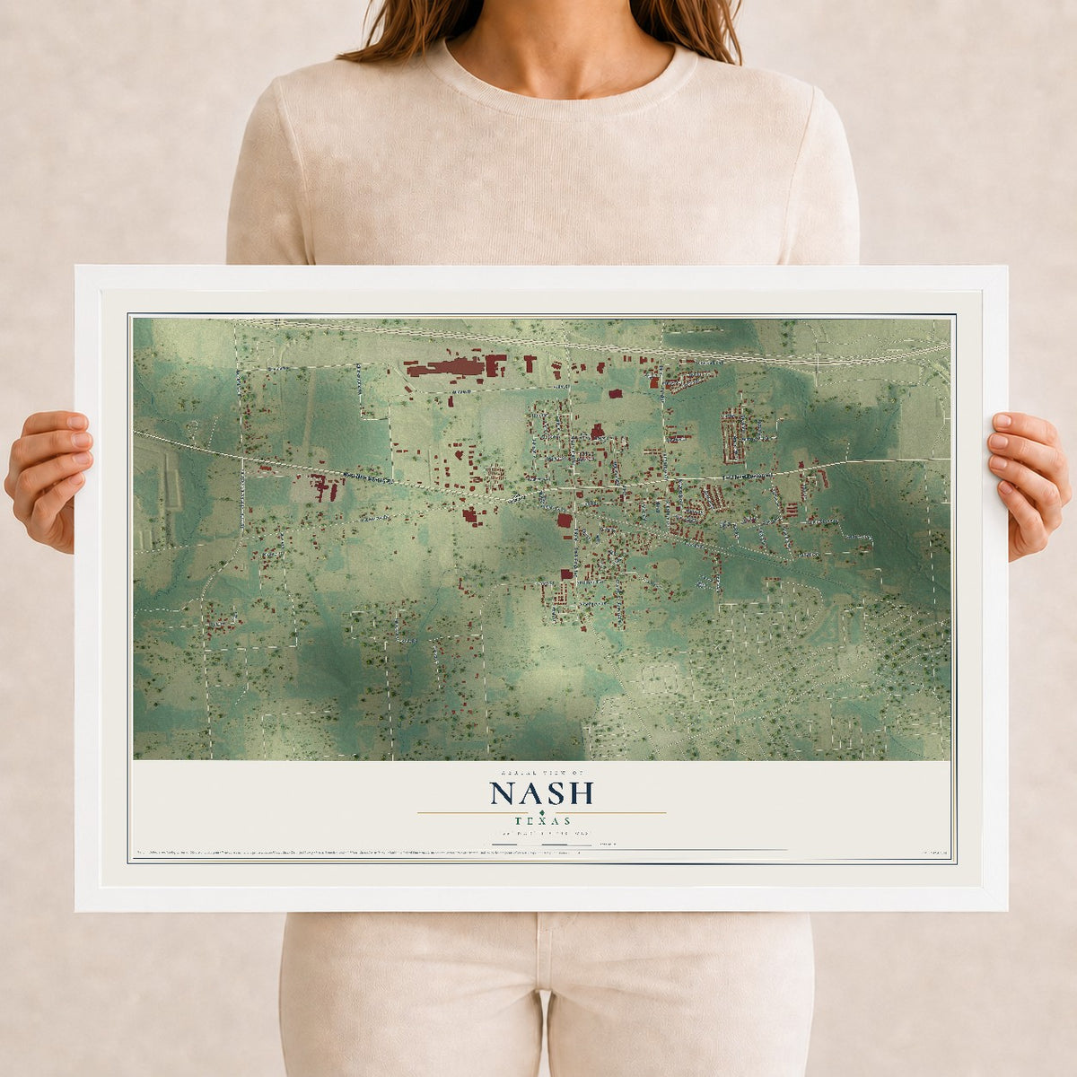 Map of Nash, Texas, 12 x 18 inch print in a white wood frame
