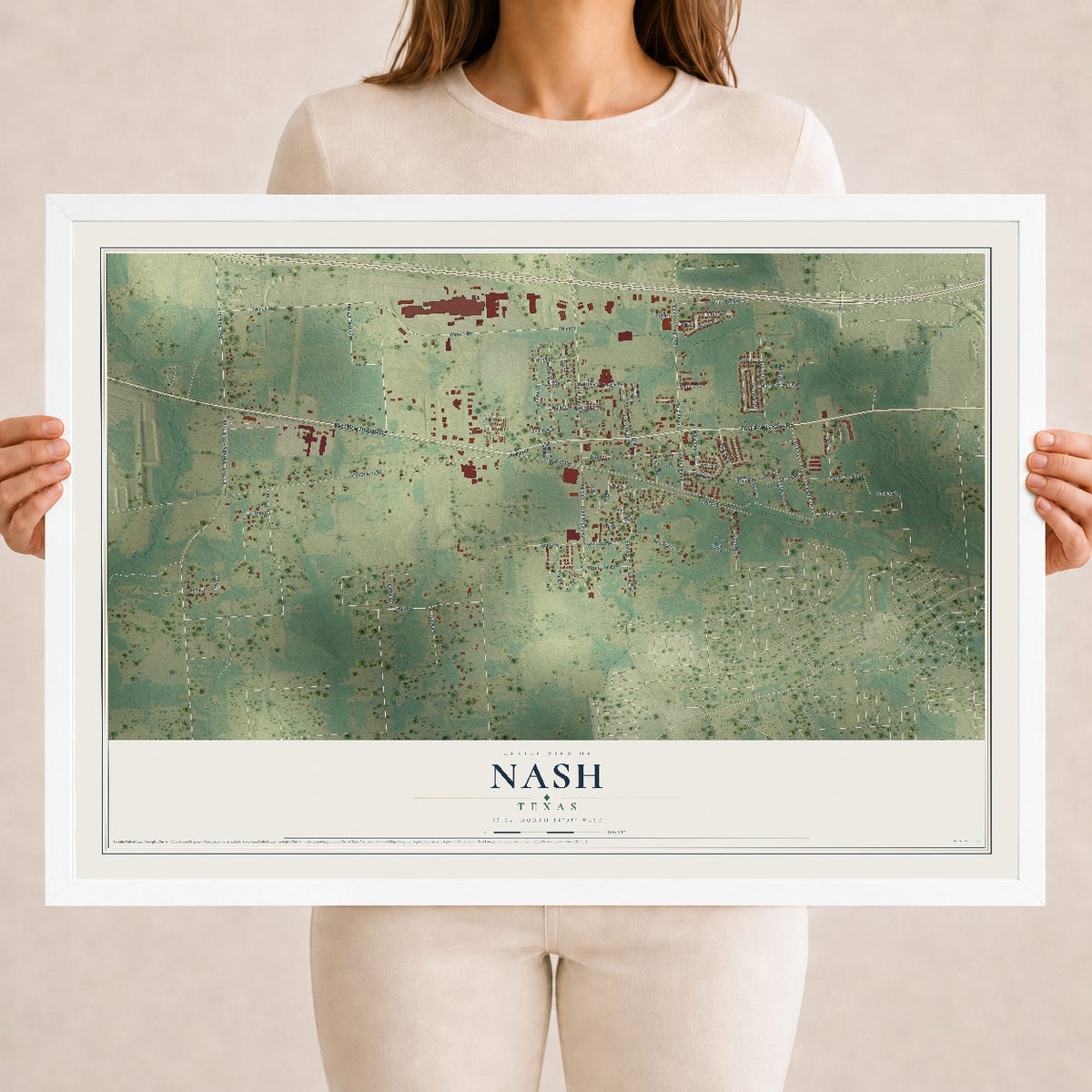 Map of Nash, Texas, 18 x 24 inch print in a white wood frame