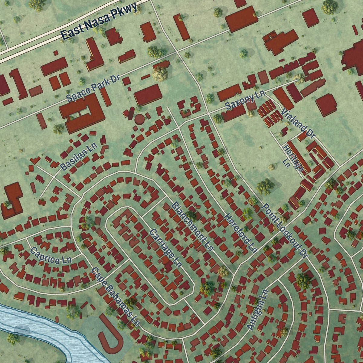 Close-up of the map of Nassau Bay, Texas print showing street and building detail