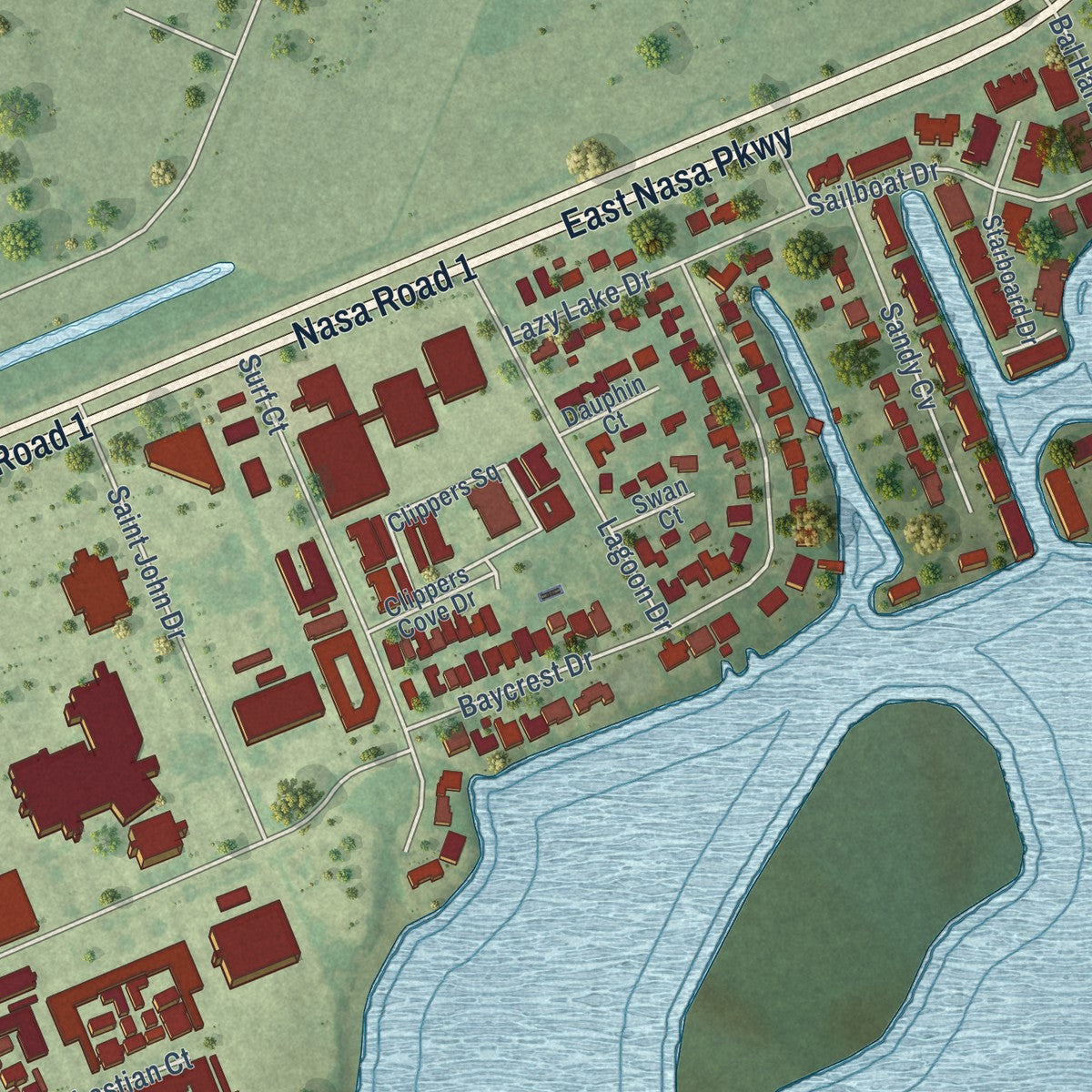 Second close-up of the map of Nassau Bay, Texas print showing more streets and buildings
