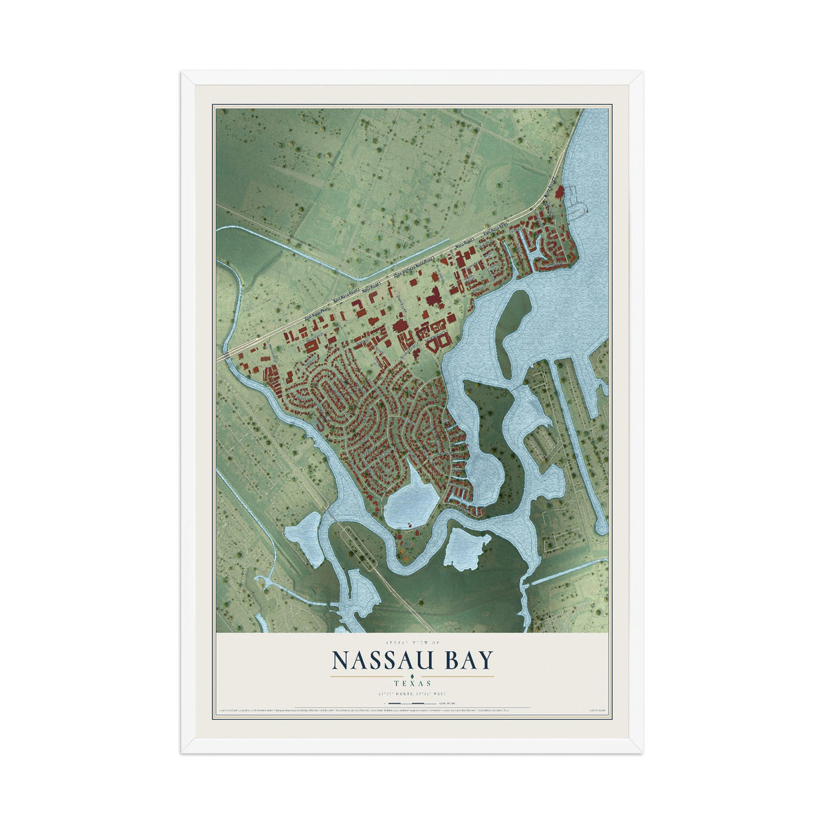 Map of Nassau Bay, Texas, 12 x 18 inch print in a white wood frame