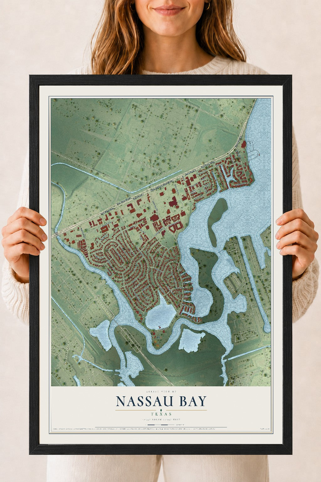 Map of Nassau Bay, Texas, 18 x 24 inch print in a black wood frame