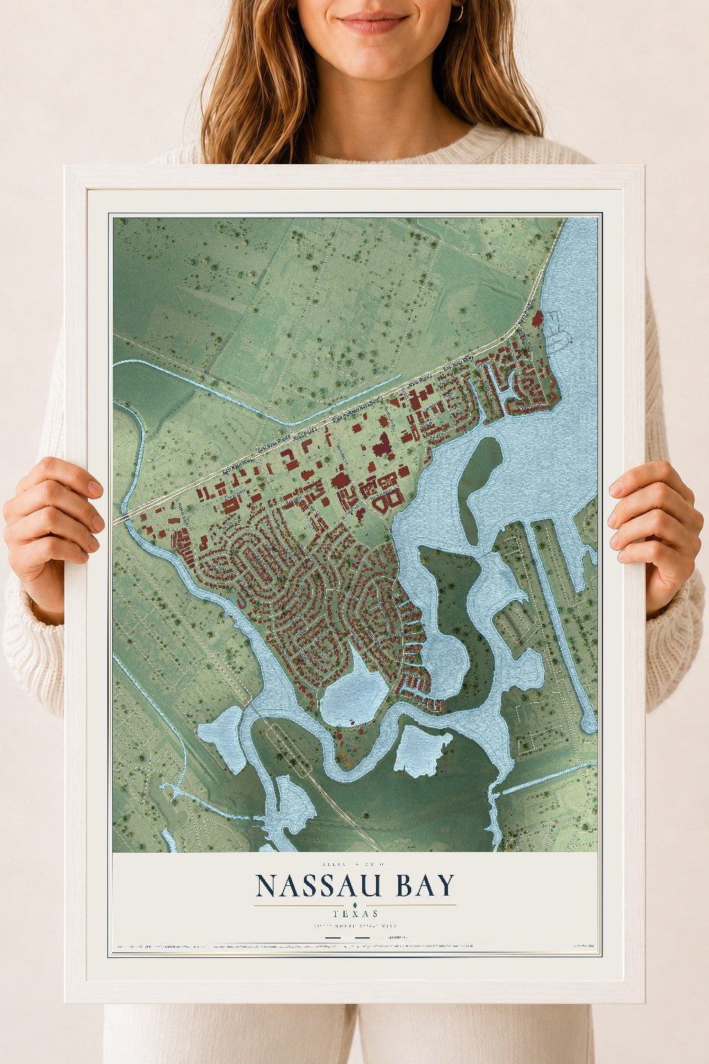 Map of Nassau Bay, Texas, 18 x 24 inch print in a white wood frame