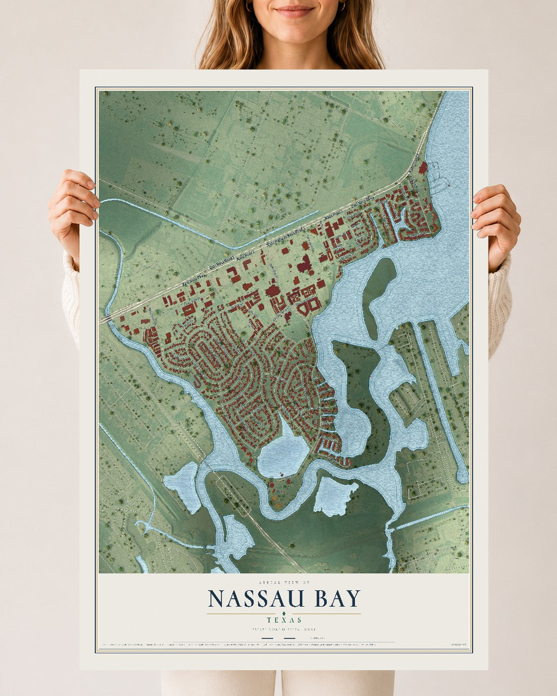Map of Nassau Bay, Texas, 24 x 36 inch unframed archival matte print