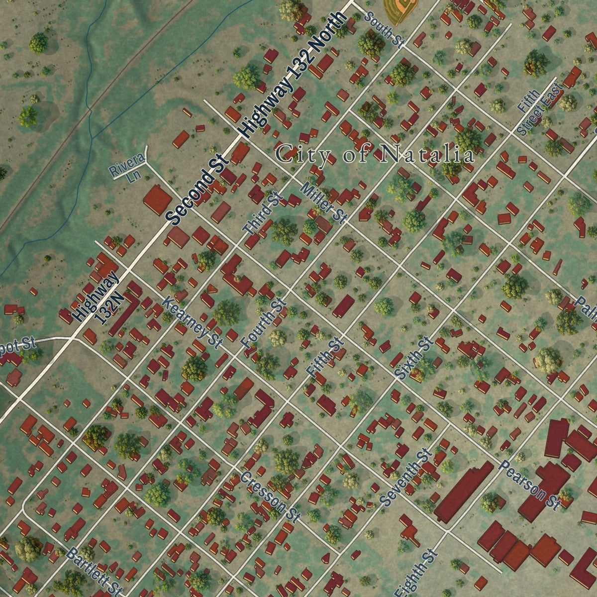 Close-up of the map of Natalia, Texas print showing street and building detail