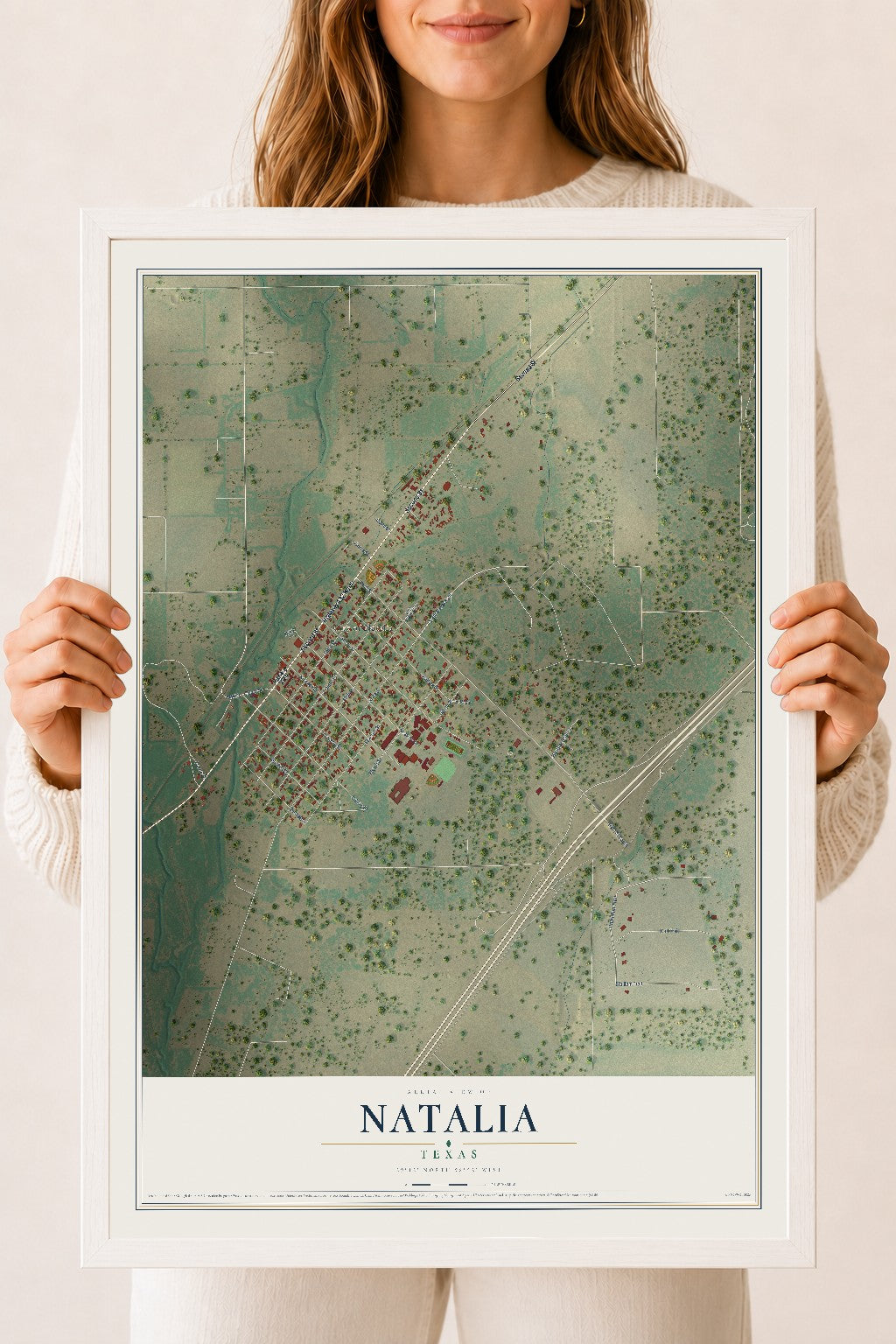 Map of Natalia, Texas, 18 x 24 inch print in a white wood frame