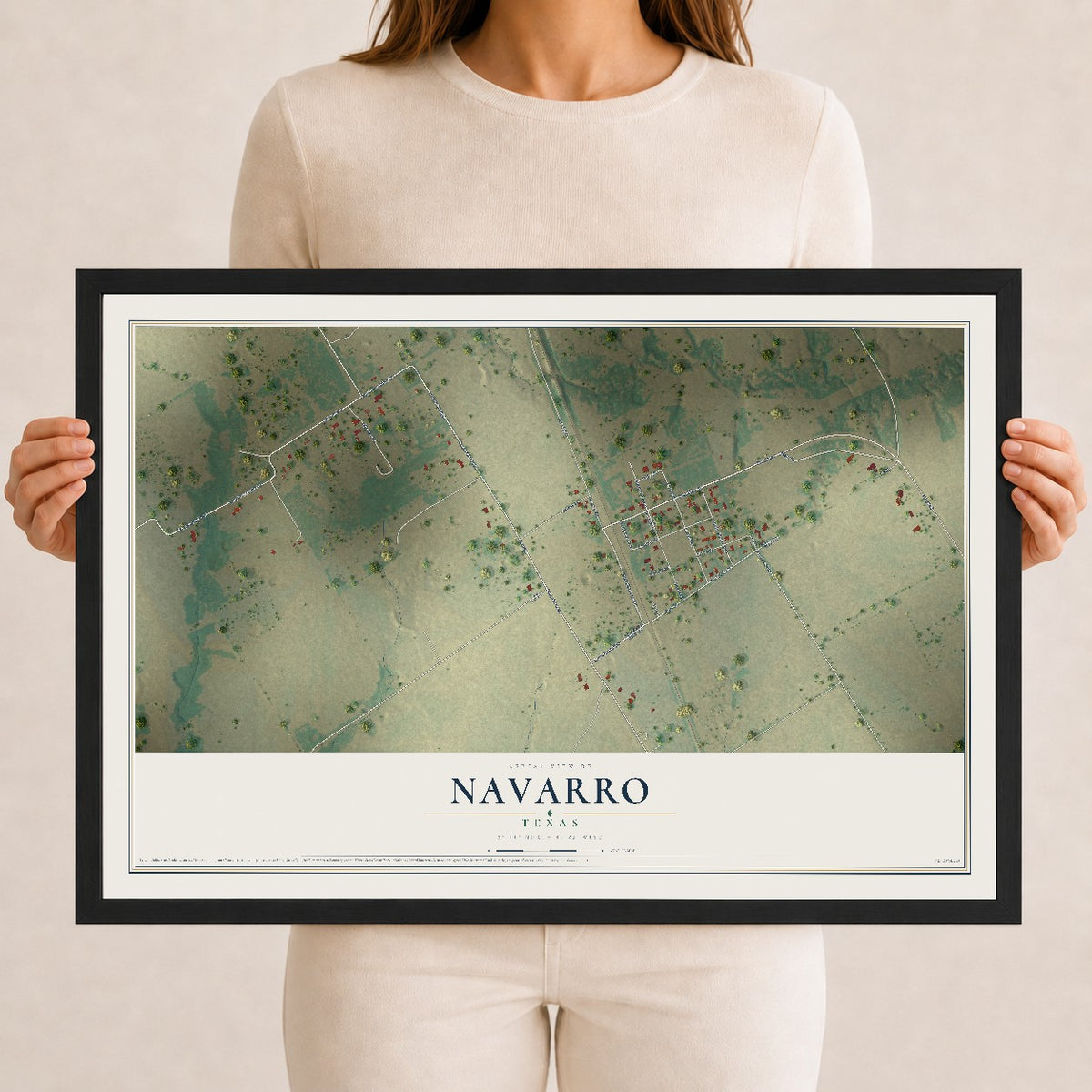 Map of Navarro, Texas, 12 x 18 inch print in a black wood frame