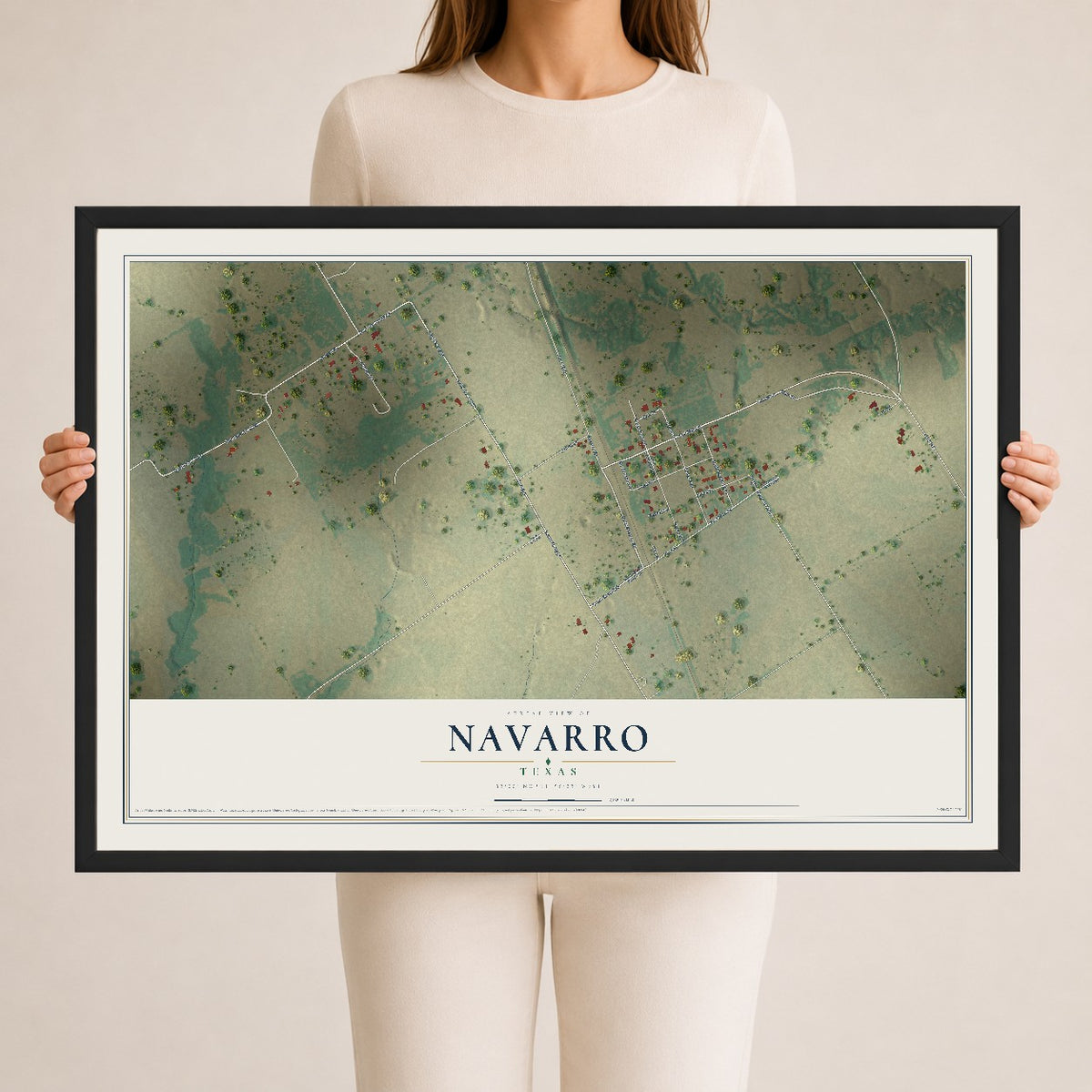 Map of Navarro, Texas, 24 x 36 inch print in a black wood frame