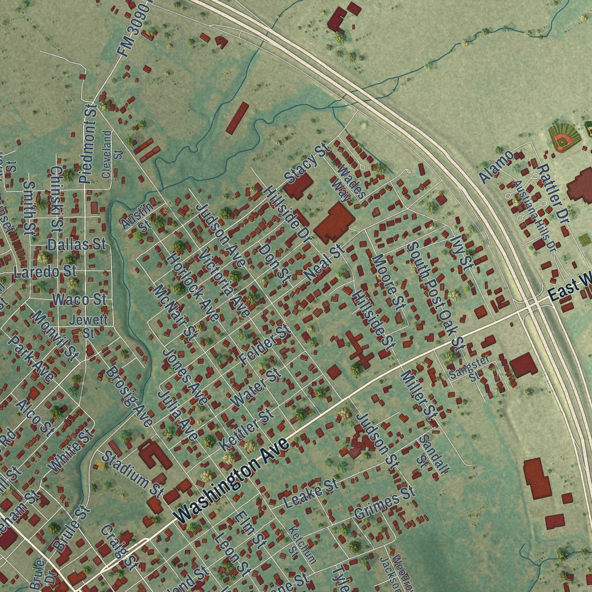 Close-up of the map of Navasota, Texas print showing street and building detail