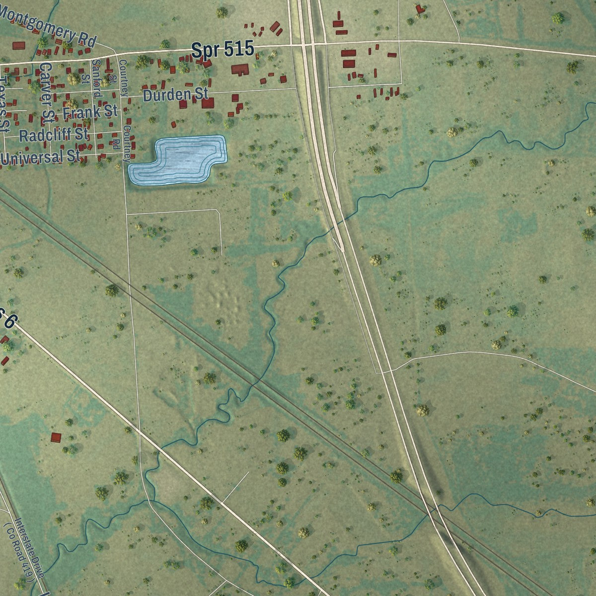 Second close-up of the map of Navasota, Texas print showing more streets and buildings