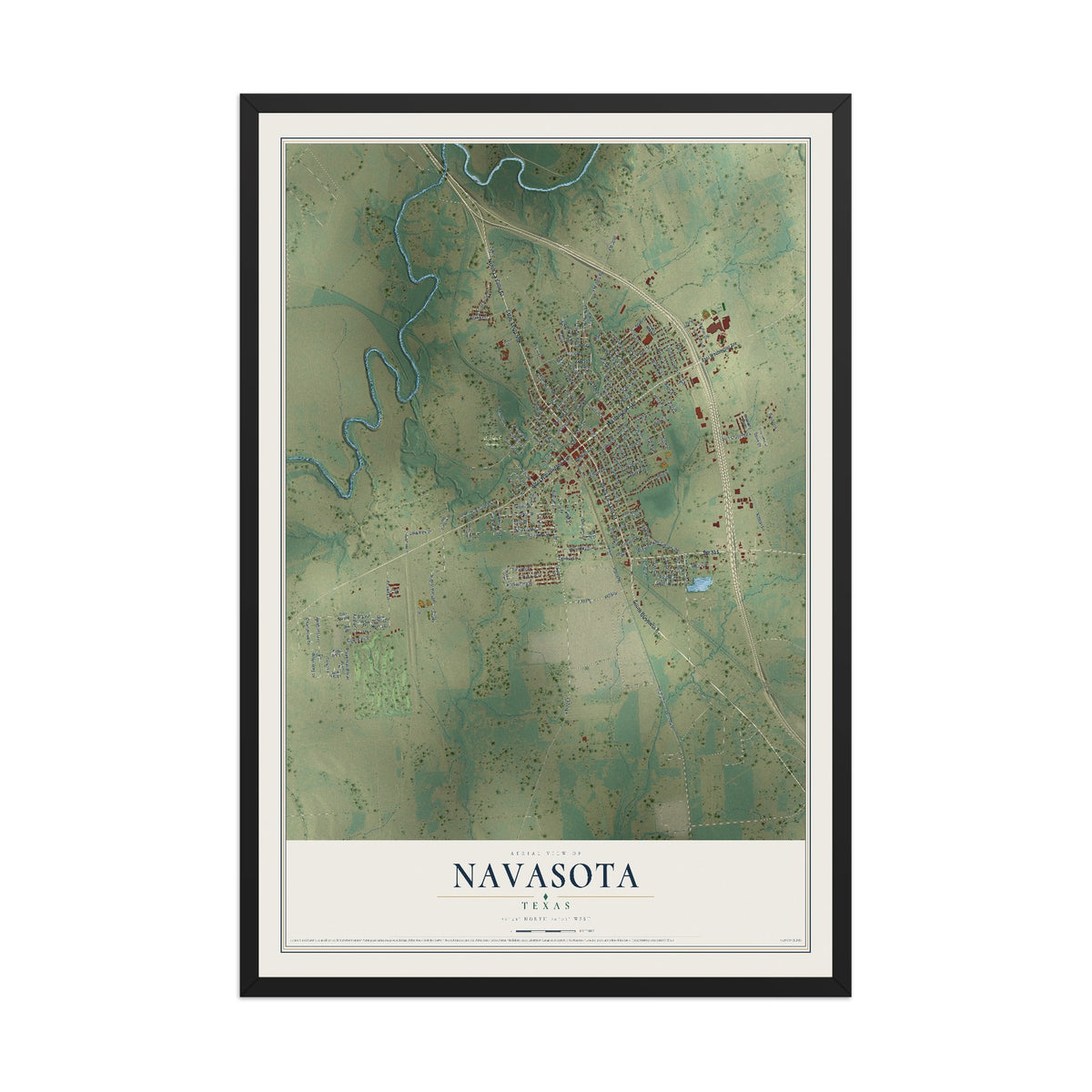 Map of Navasota, Texas, 12 x 18 inch print in a black wood frame