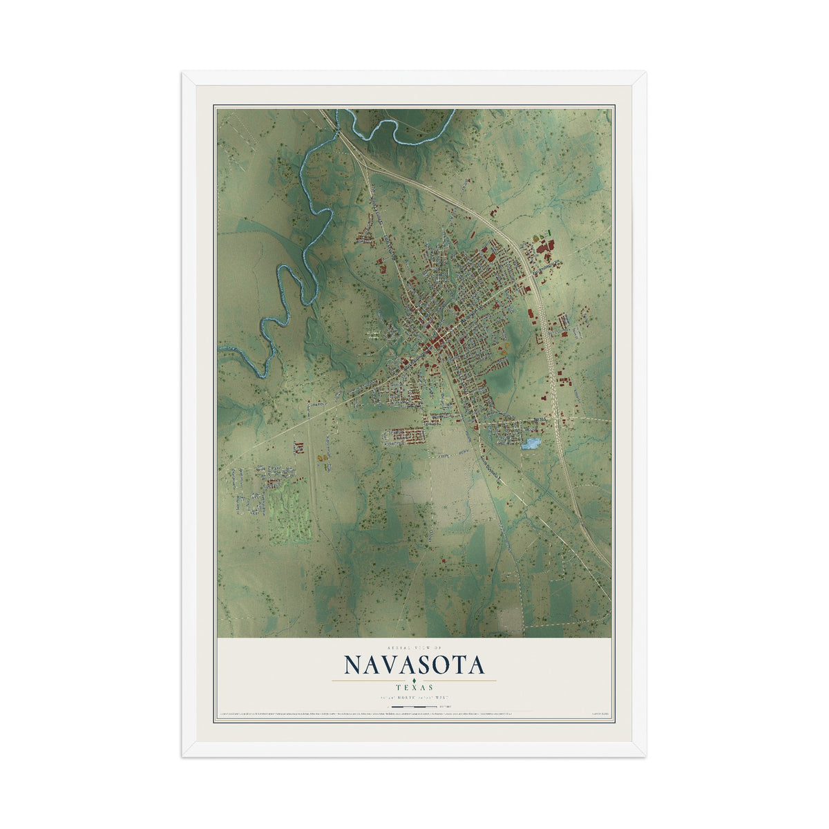 Map of Navasota, Texas, 12 x 18 inch print in a white wood frame