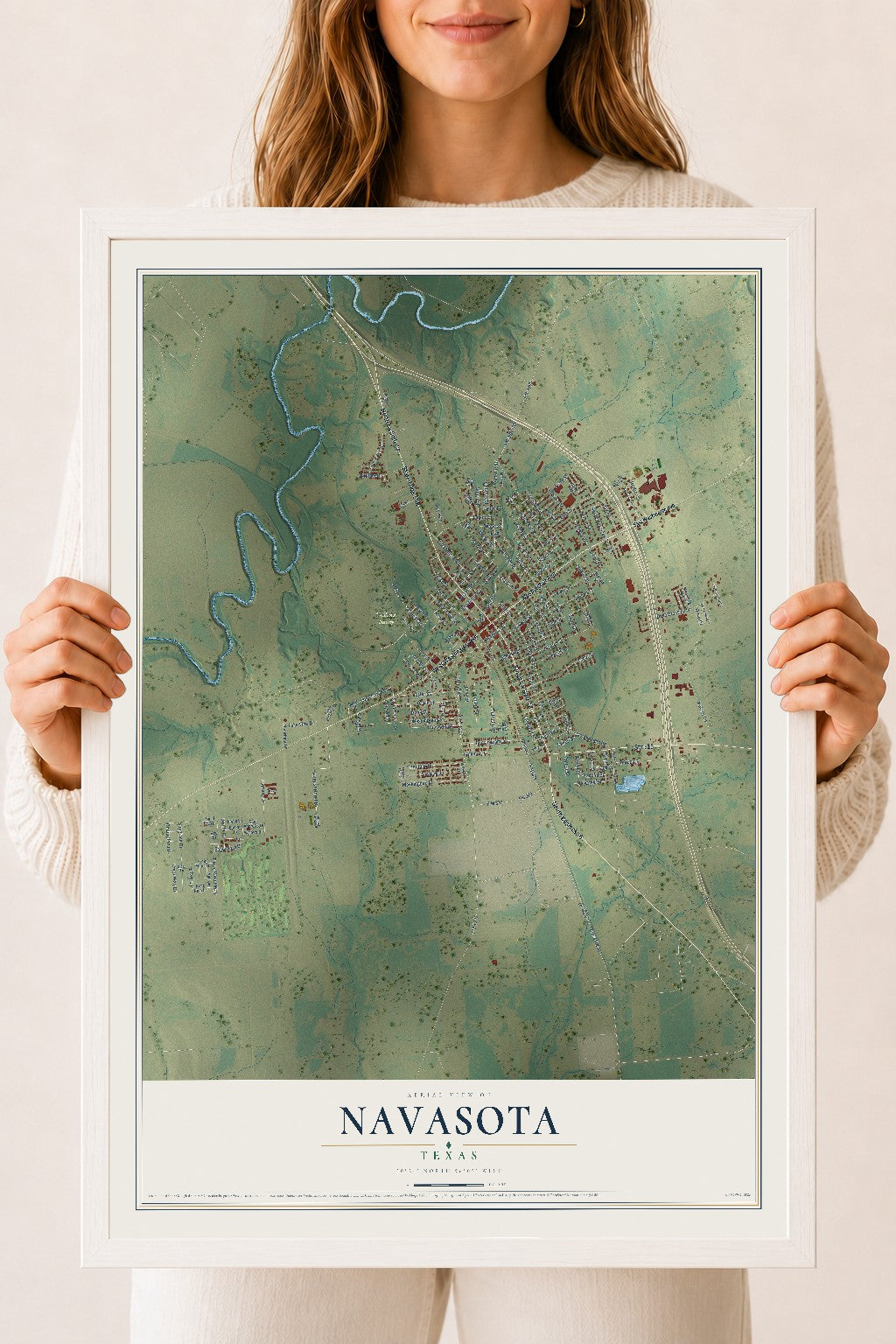Map of Navasota, Texas, 18 x 24 inch print in a white wood frame
