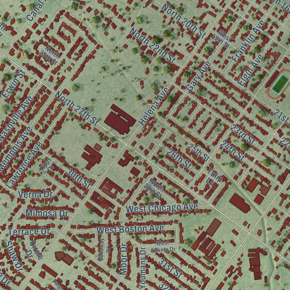 Second close-up of the map of Nederland, Texas print showing more streets and buildings
