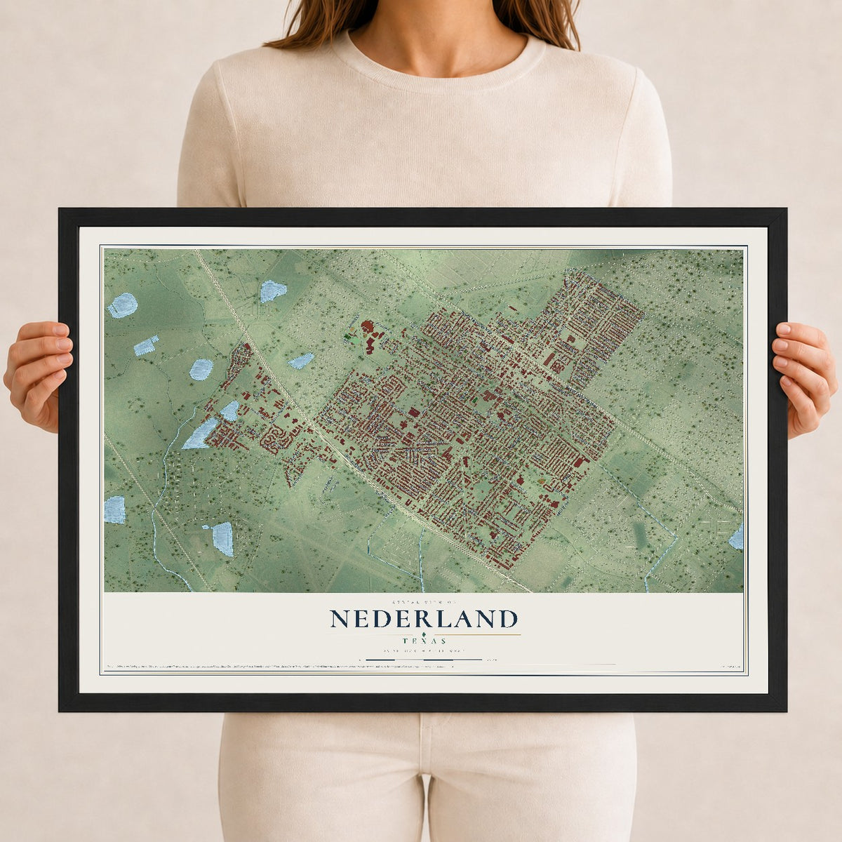 Map of Nederland, Texas, 12 x 18 inch print in a black wood frame