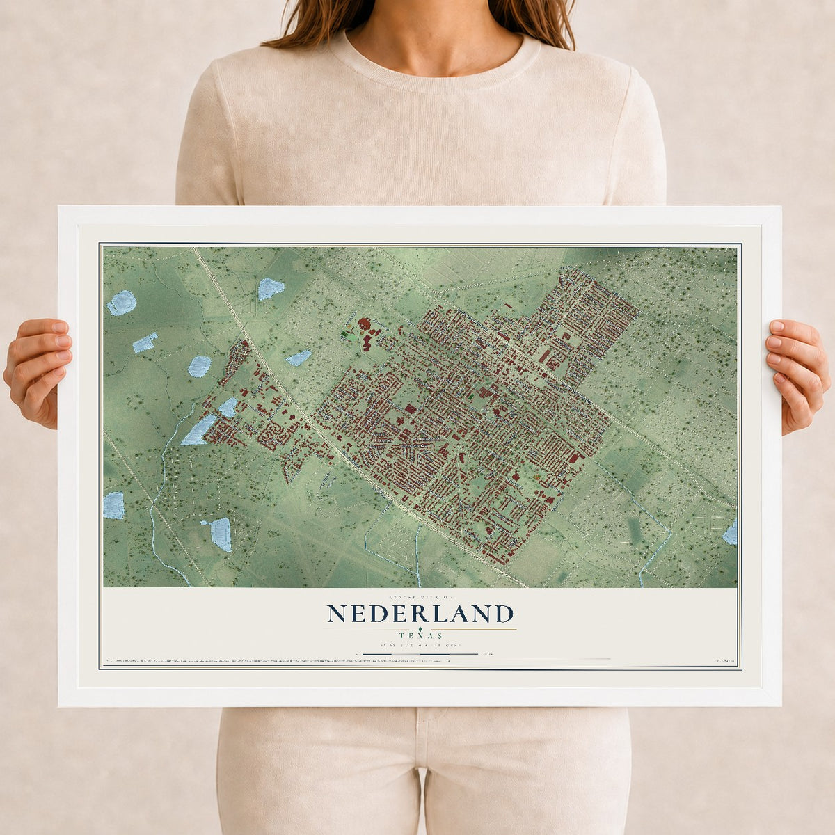 Map of Nederland, Texas, 12 x 18 inch print in a white wood frame