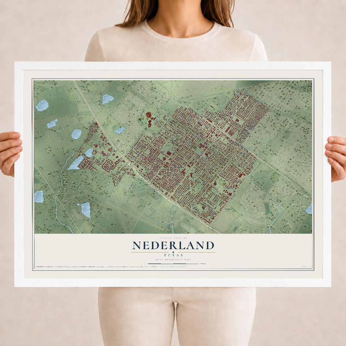 Map of Nederland, Texas, 18 x 24 inch print in a white wood frame