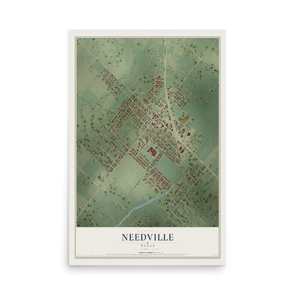 Map of Needville, Texas, 12 x 18 inch unframed archival matte print