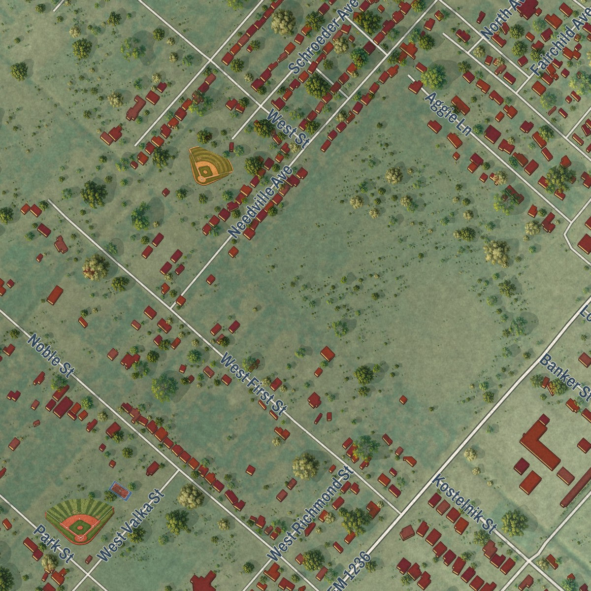 Second close-up of the map of Needville, Texas print showing more streets and buildings
