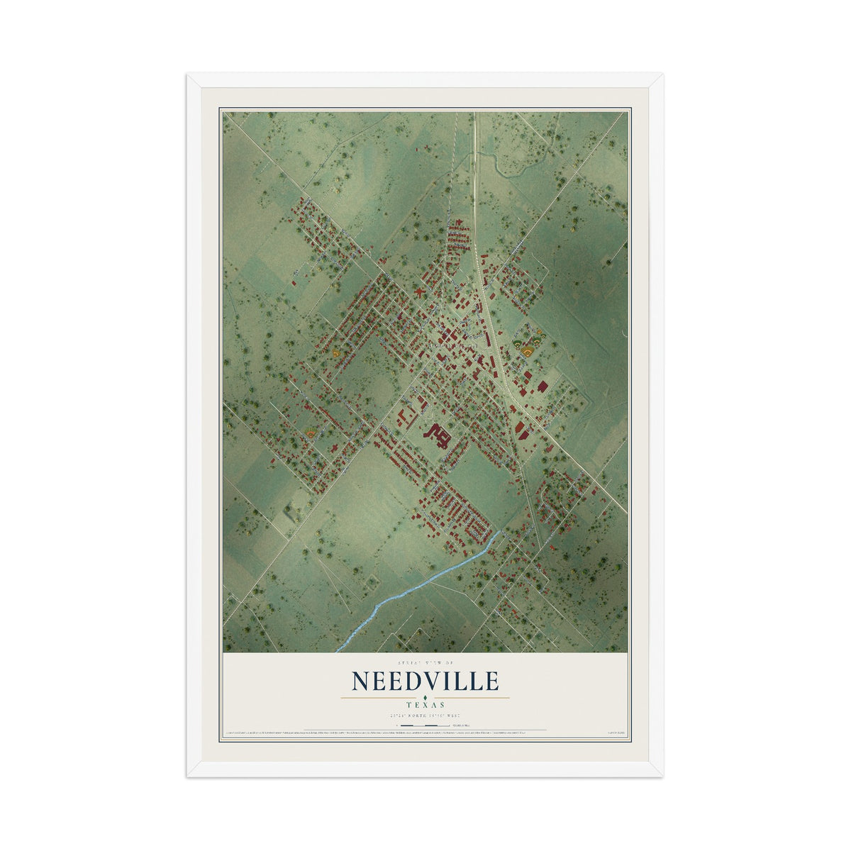 Map of Needville, Texas, 12 x 18 inch print in a white wood frame