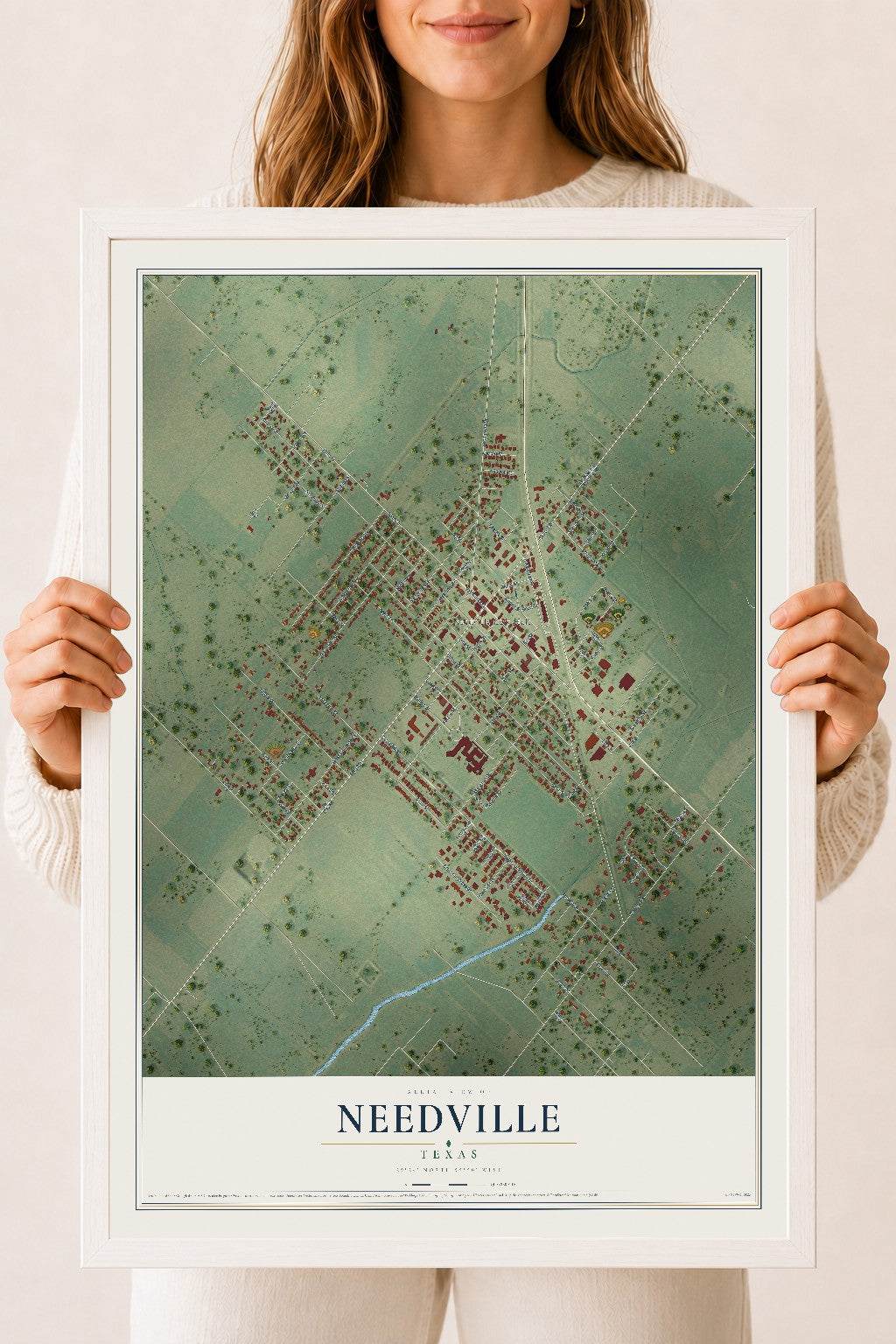 Map of Needville, Texas, 18 x 24 inch print in a white wood frame