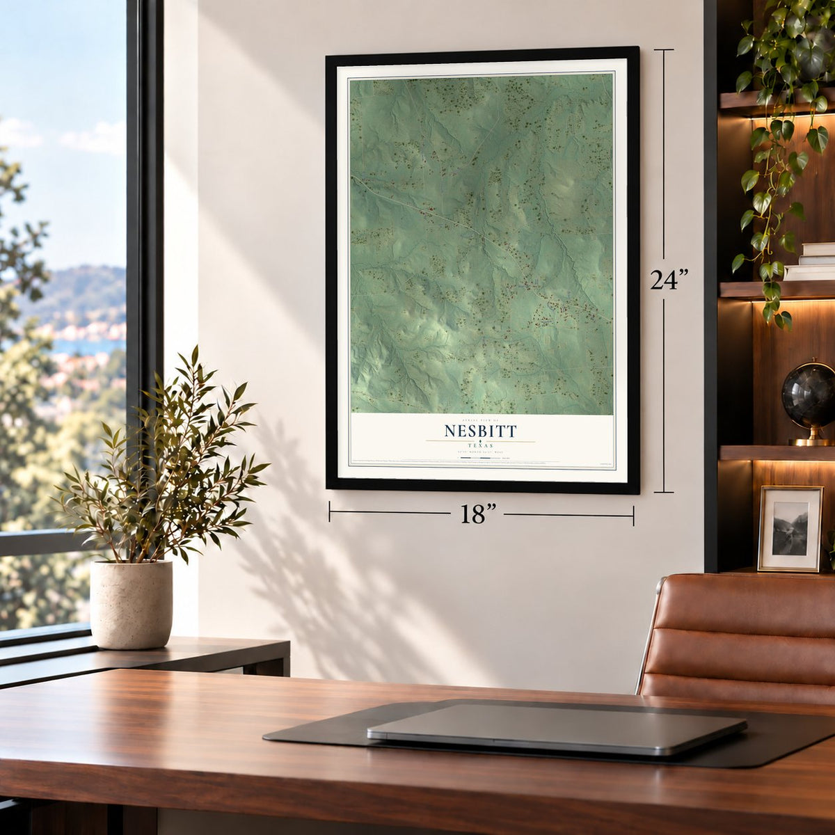 Nesbitt, Texas map, 18 x 24 inch print in a black frame in a home office