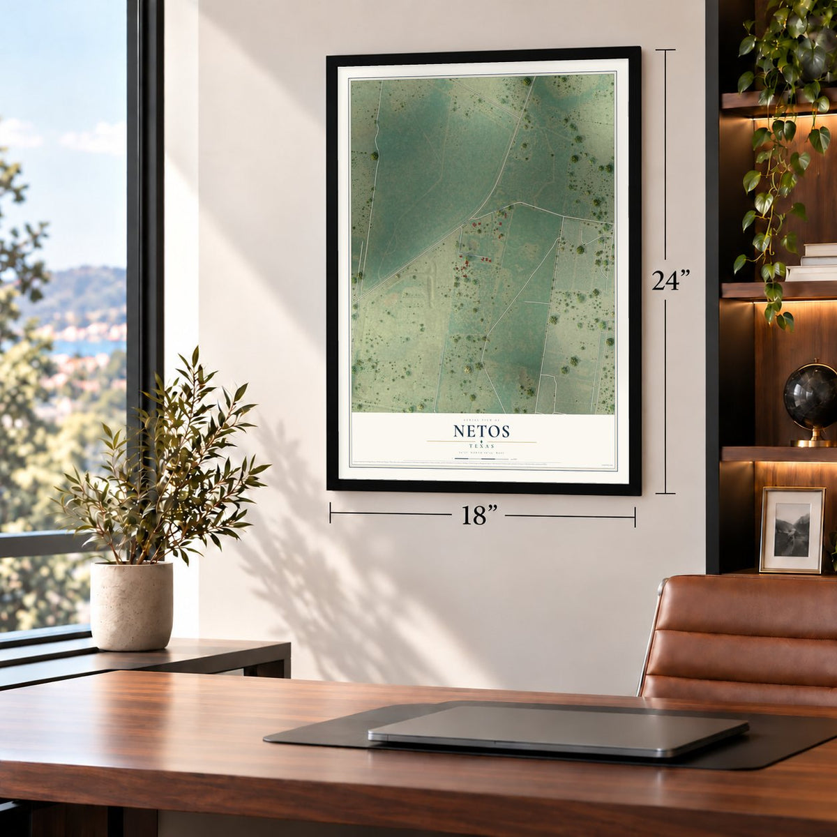Netos, Texas map, 18 x 24 inch print in a black frame in a home office