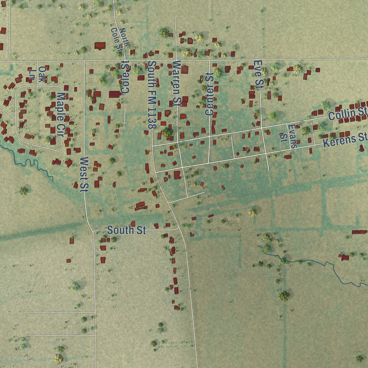 Close-up of the map of Nevada, Texas print showing street and building detail