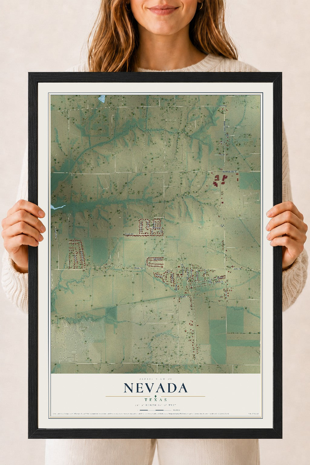 Map of Nevada, Texas, 18 x 24 inch print in a black wood frame