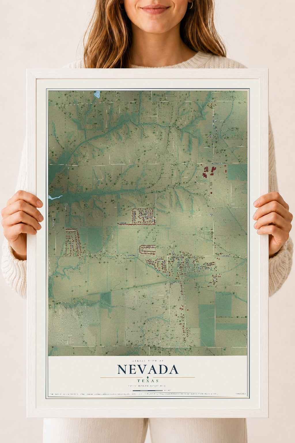 Map of Nevada, Texas, 18 x 24 inch print in a white wood frame