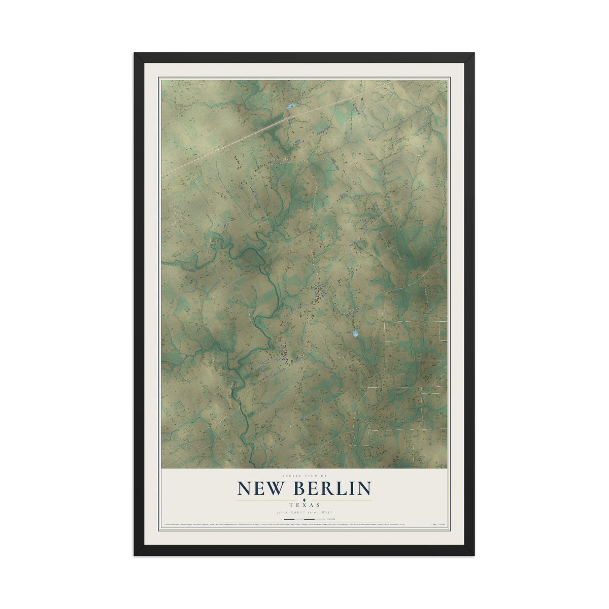 Map of New Berlin, Texas, 12 x 18 inch print in a black wood frame