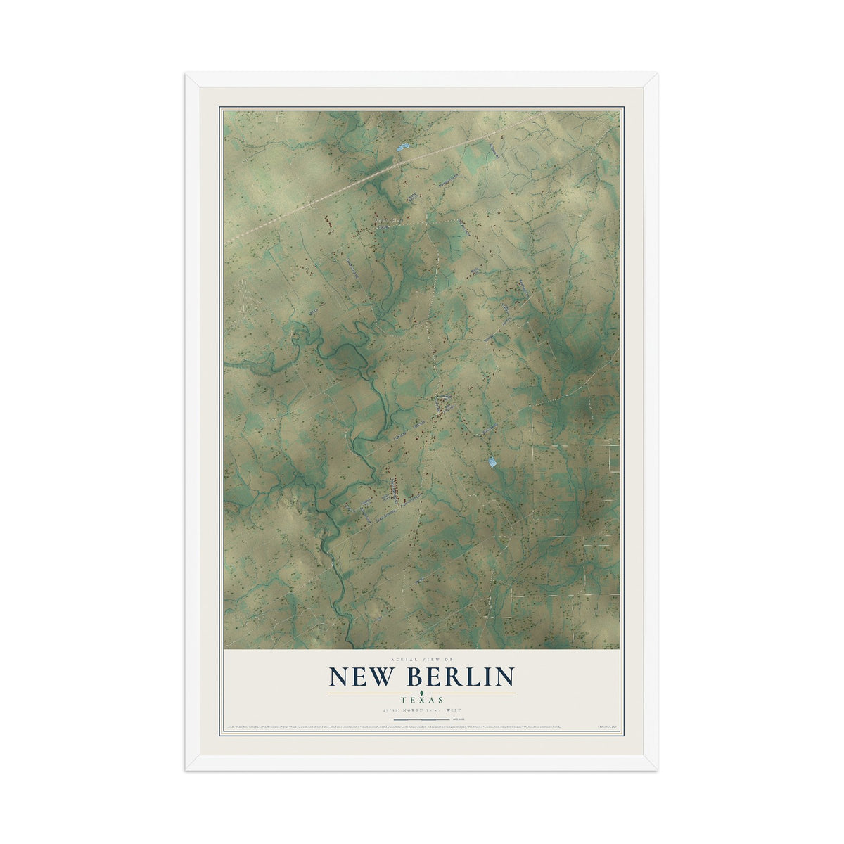 Map of New Berlin, Texas, 12 x 18 inch print in a white wood frame
