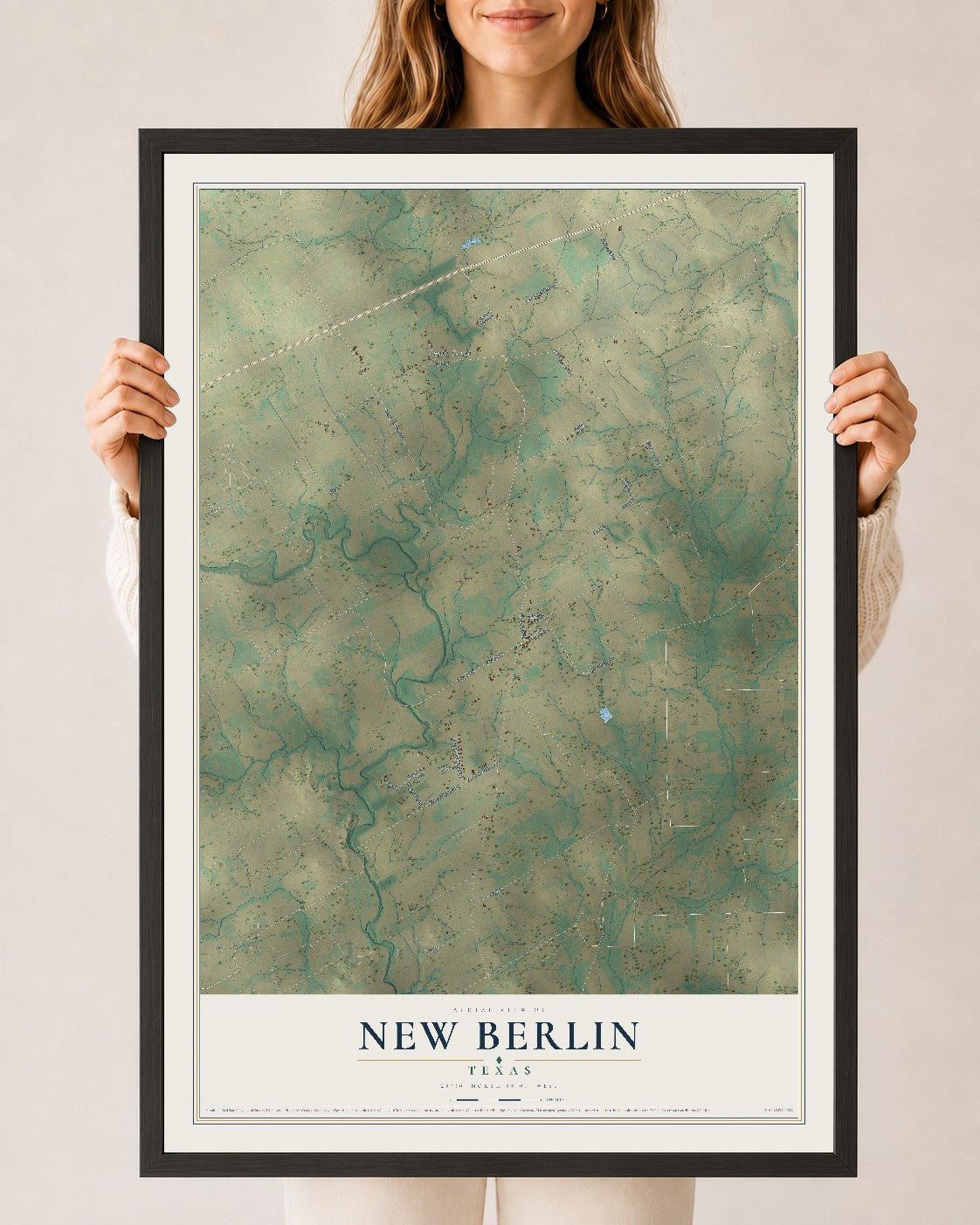 Map of New Berlin, Texas, 24 x 36 inch print in a black wood frame