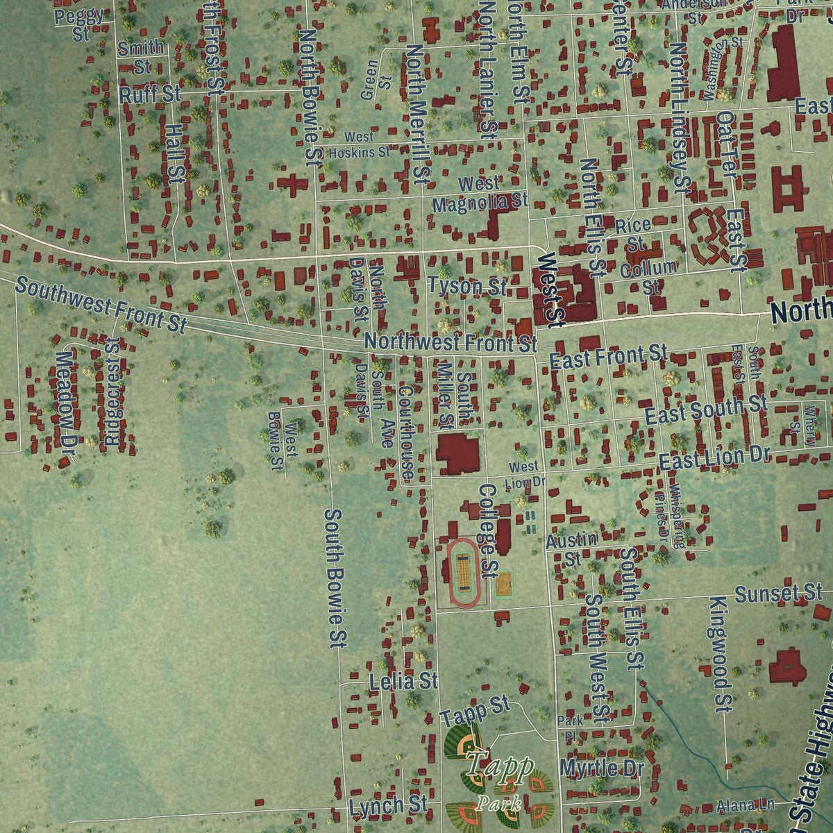 Close-up of the map of New Boston, Texas print showing street and building detail
