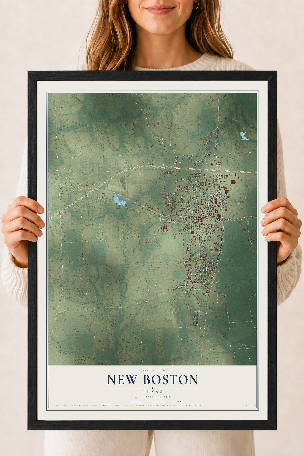 Map of New Boston, Texas, 18 x 24 inch print in a black wood frame