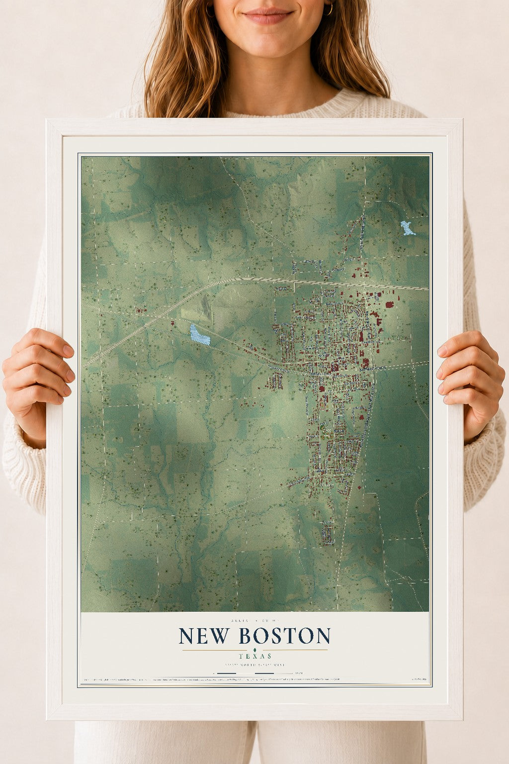 Map of New Boston, Texas, 18 x 24 inch print in a white wood frame