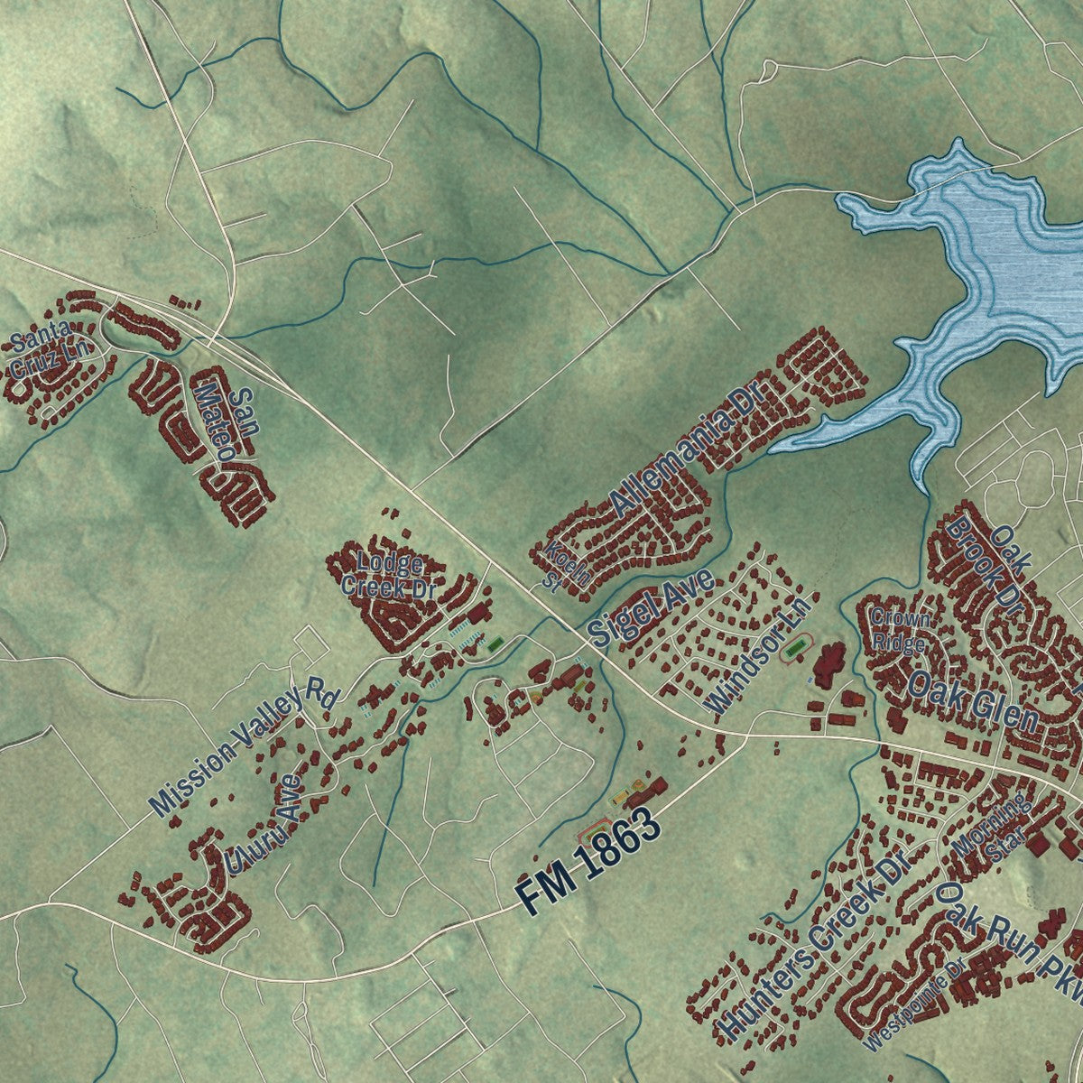 Second close-up of the map of New Braunfels, Texas print showing more streets and buildings