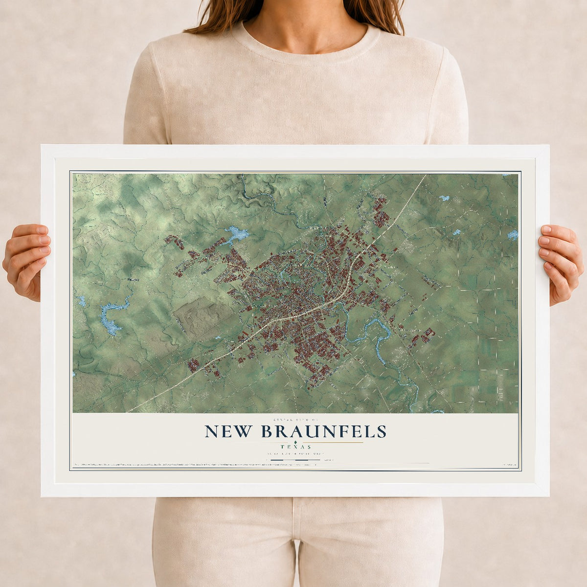 Map of New Braunfels, Texas, 12 x 18 inch print in a white wood frame