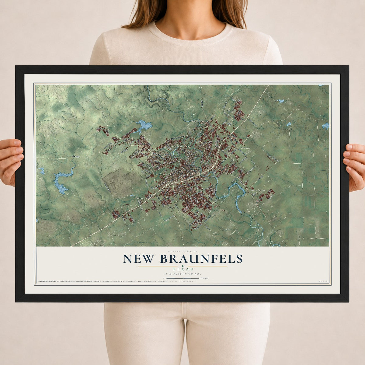Map of New Braunfels, Texas, 18 x 24 inch print in a black wood frame