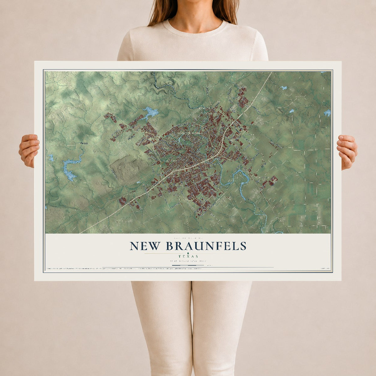 Map of New Braunfels, Texas, 24 x 36 inch unframed archival matte print