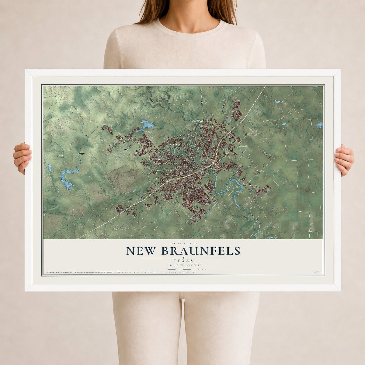 Map of New Braunfels, Texas, 24 x 36 inch print in a white wood frame