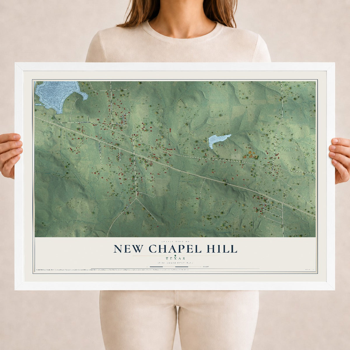 Map of New Chapel Hill, Texas, 18 x 24 inch print in a white wood frame