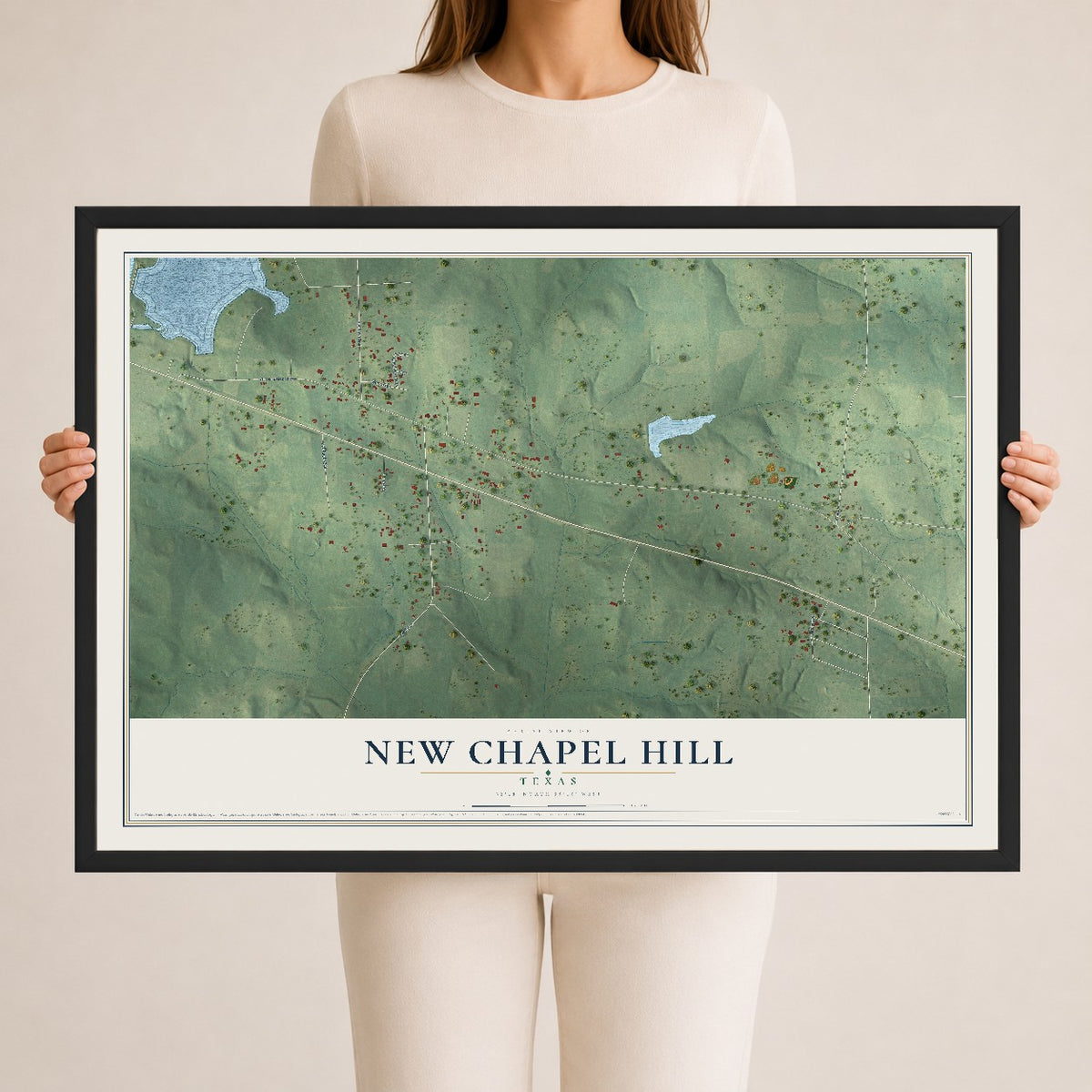 Map of New Chapel Hill, Texas, 24 x 36 inch print in a black wood frame