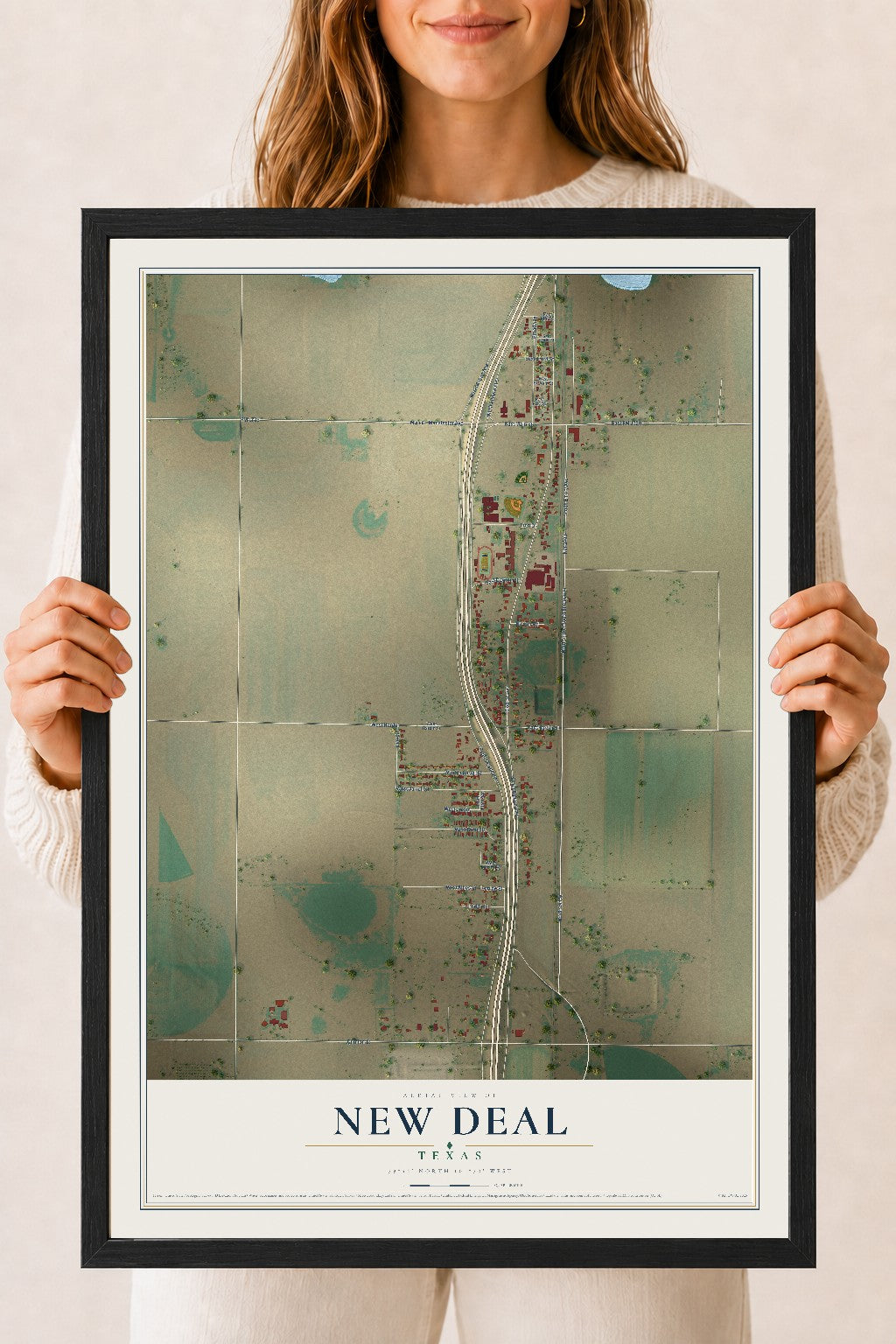 Map of New Deal, Texas, 18 x 24 inch print in a black wood frame