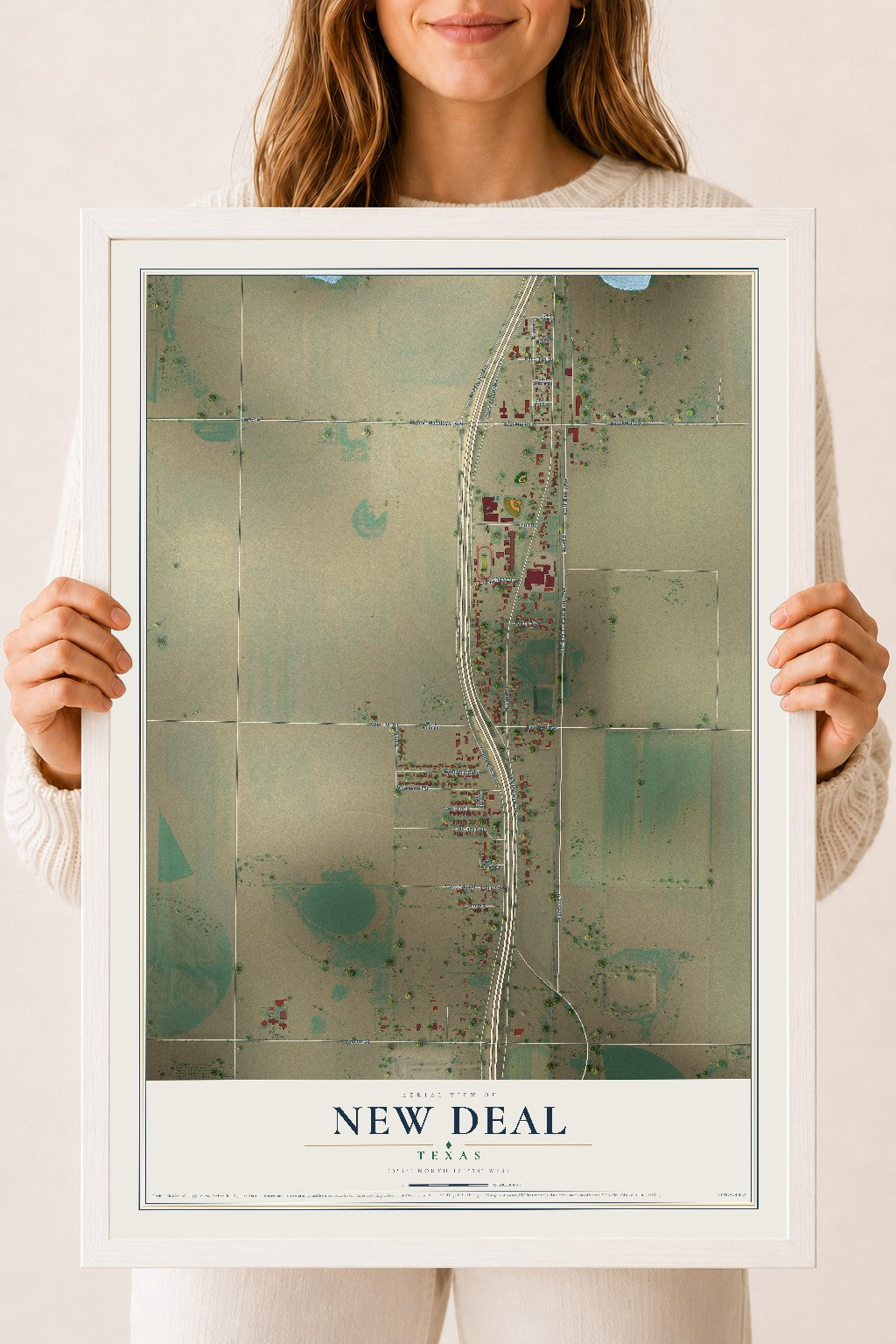 Map of New Deal, Texas, 18 x 24 inch print in a white wood frame