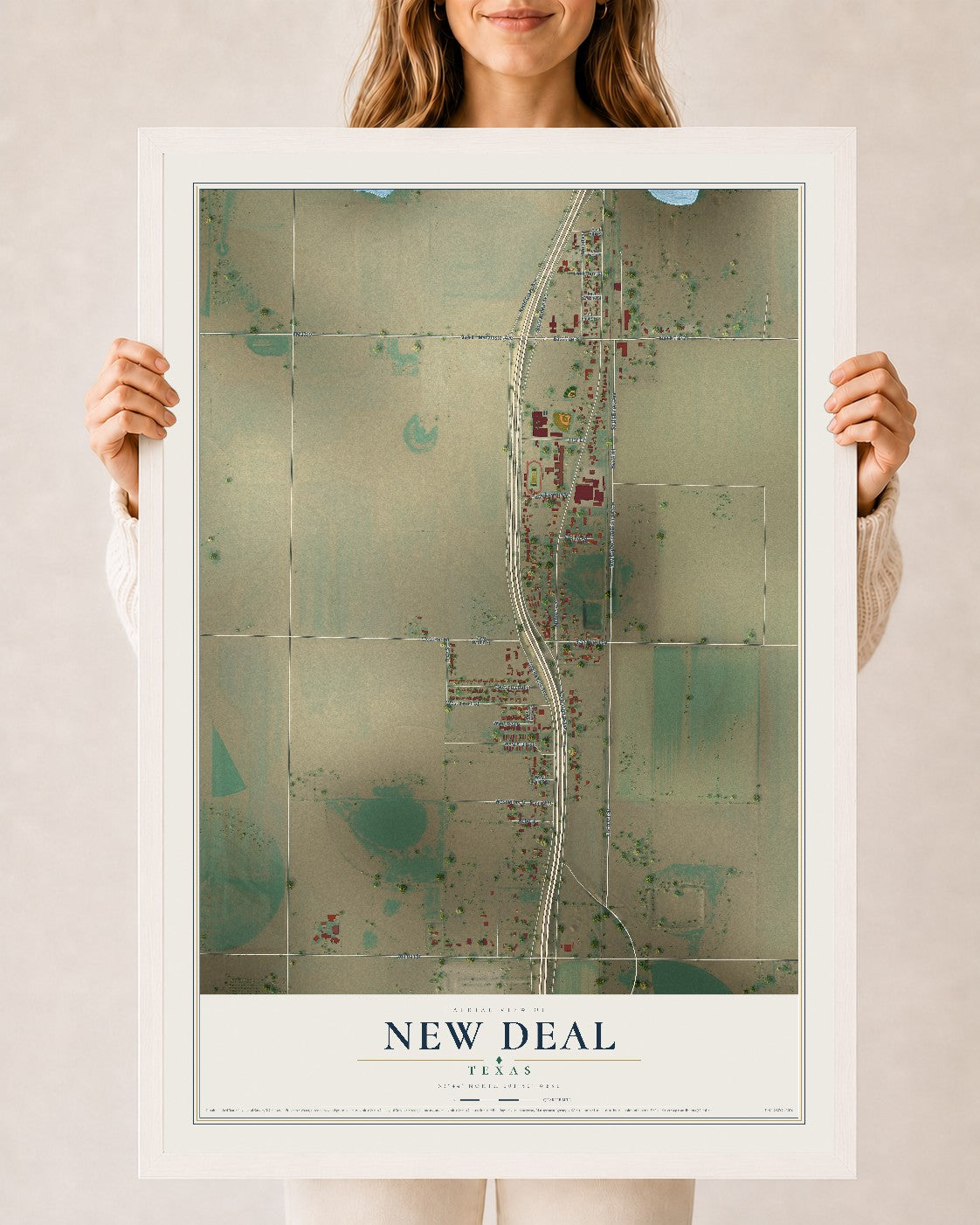 Map of New Deal, Texas, 24 x 36 inch print in a white wood frame