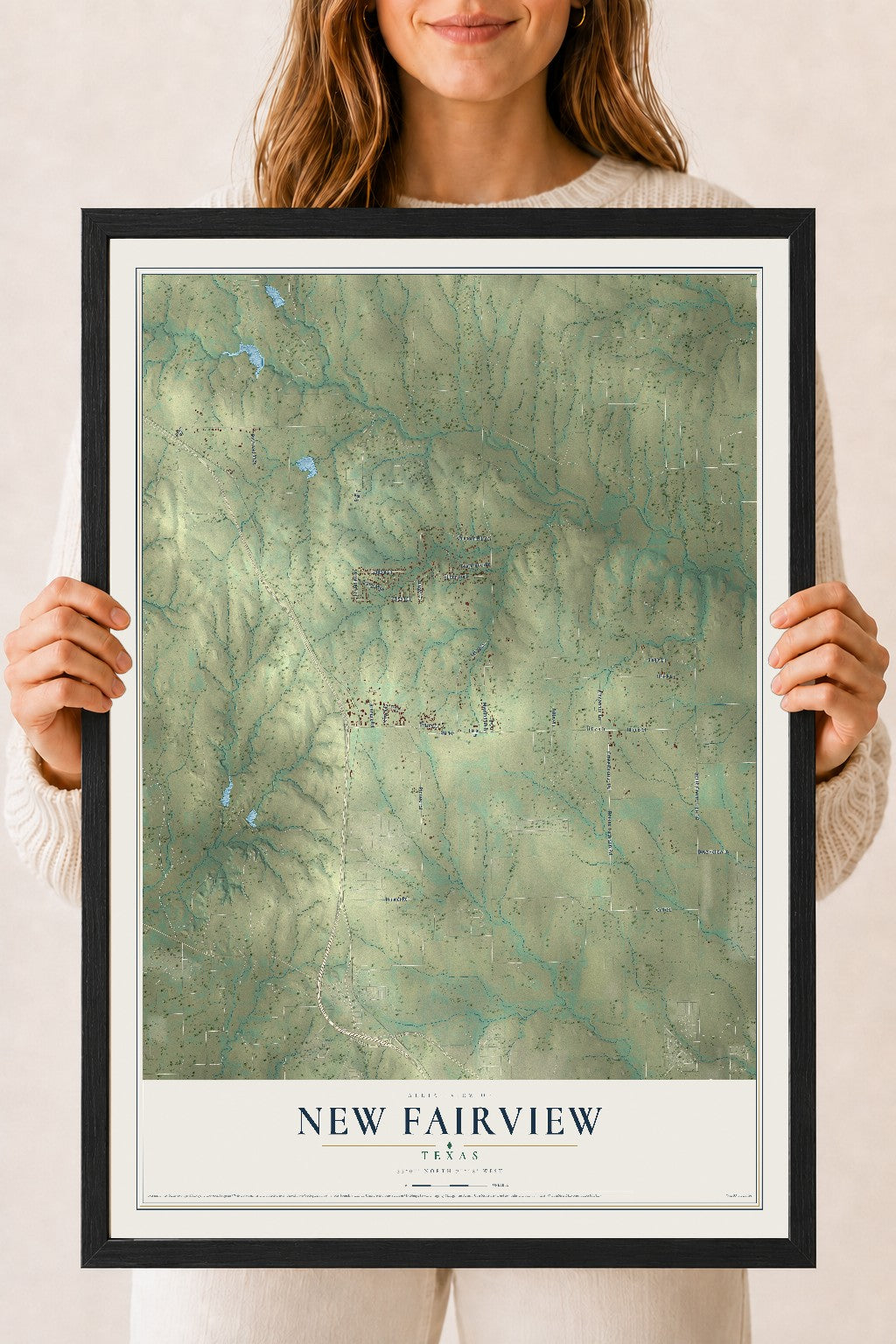 Map of New Fairview, Texas, 18 x 24 inch print in a black wood frame
