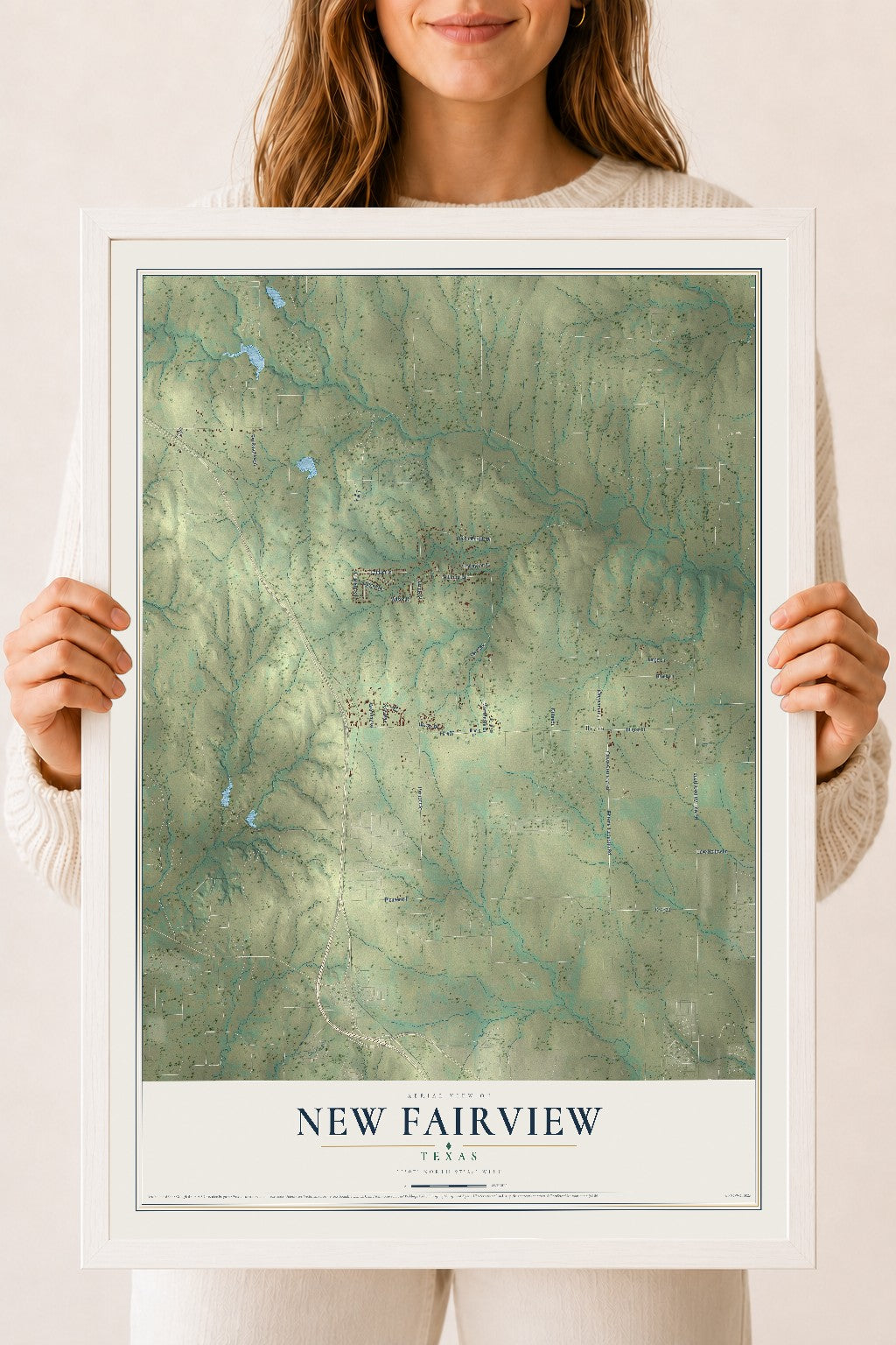 Map of New Fairview, Texas, 18 x 24 inch print in a white wood frame