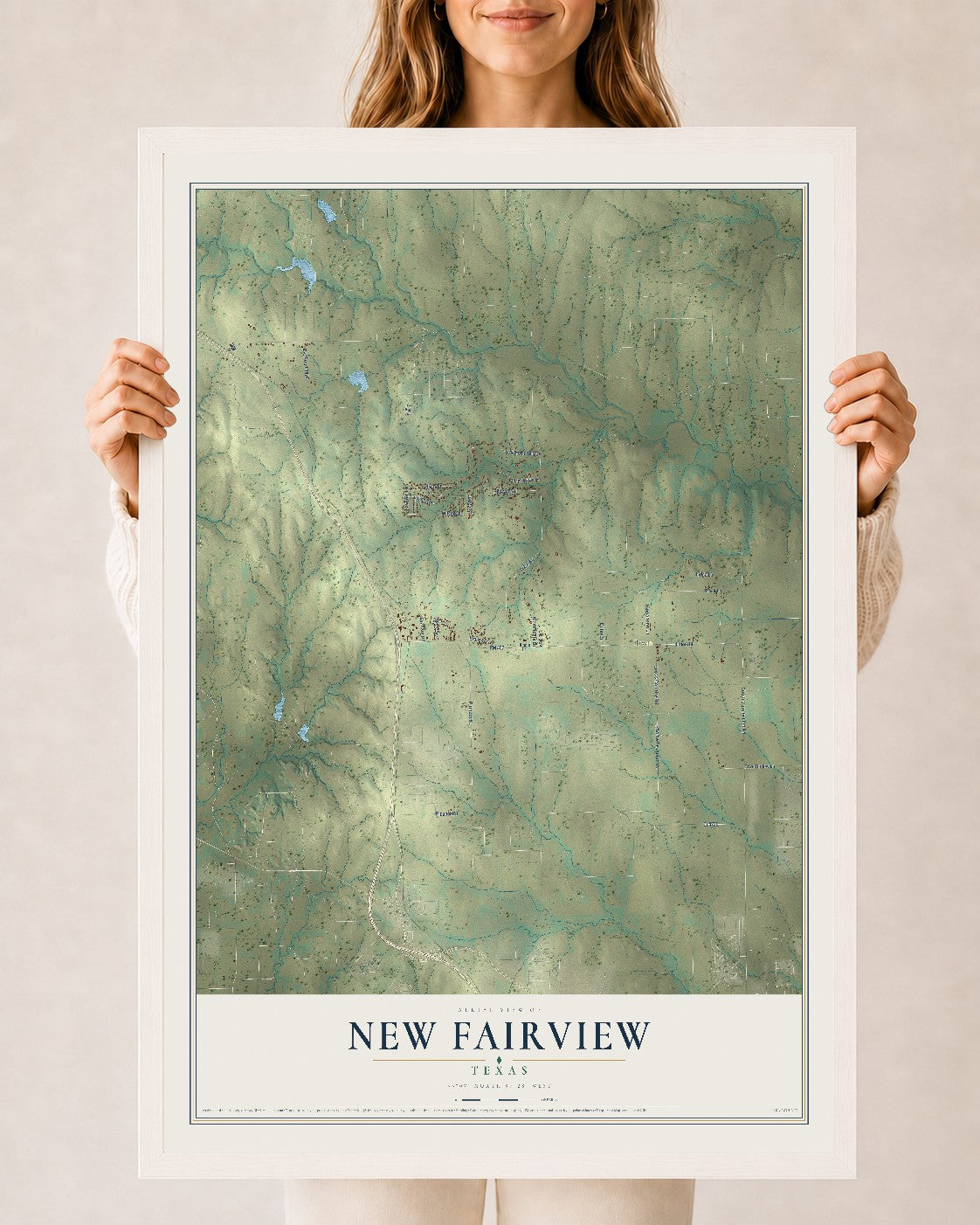 Map of New Fairview, Texas, 24 x 36 inch print in a white wood frame