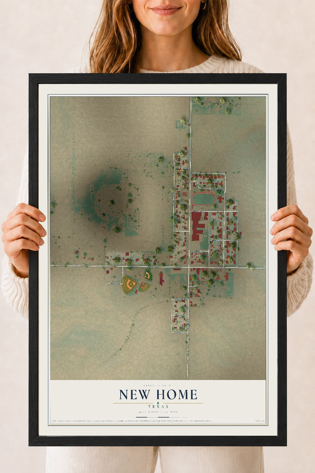 Map of New Home, Texas, 18 x 24 inch print in a black wood frame